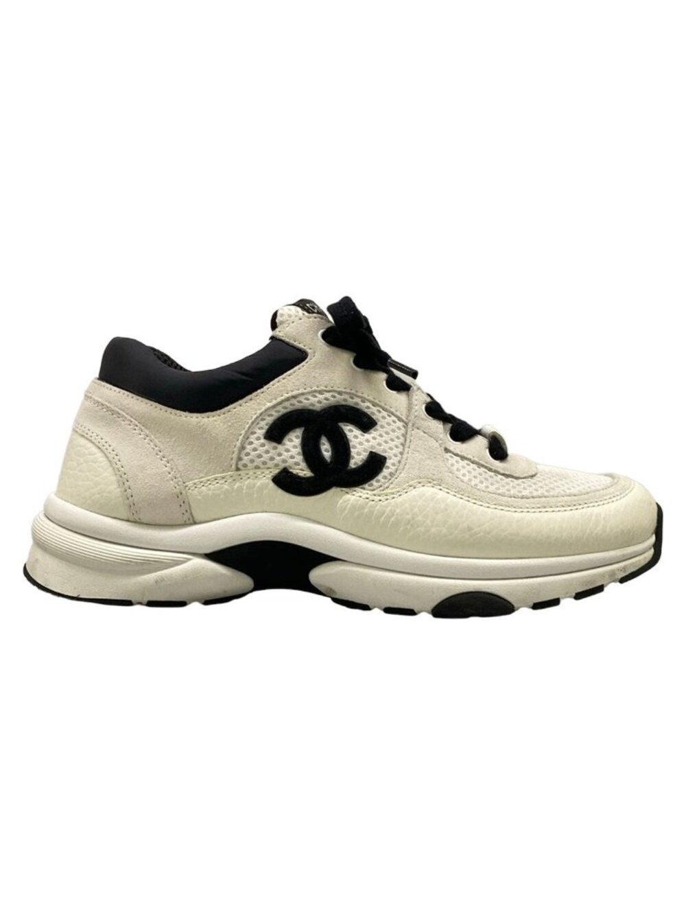 Chanel Sneakers 36.5 White Ivory Black CC Logo Cotton Leather - Picture 4 of 13